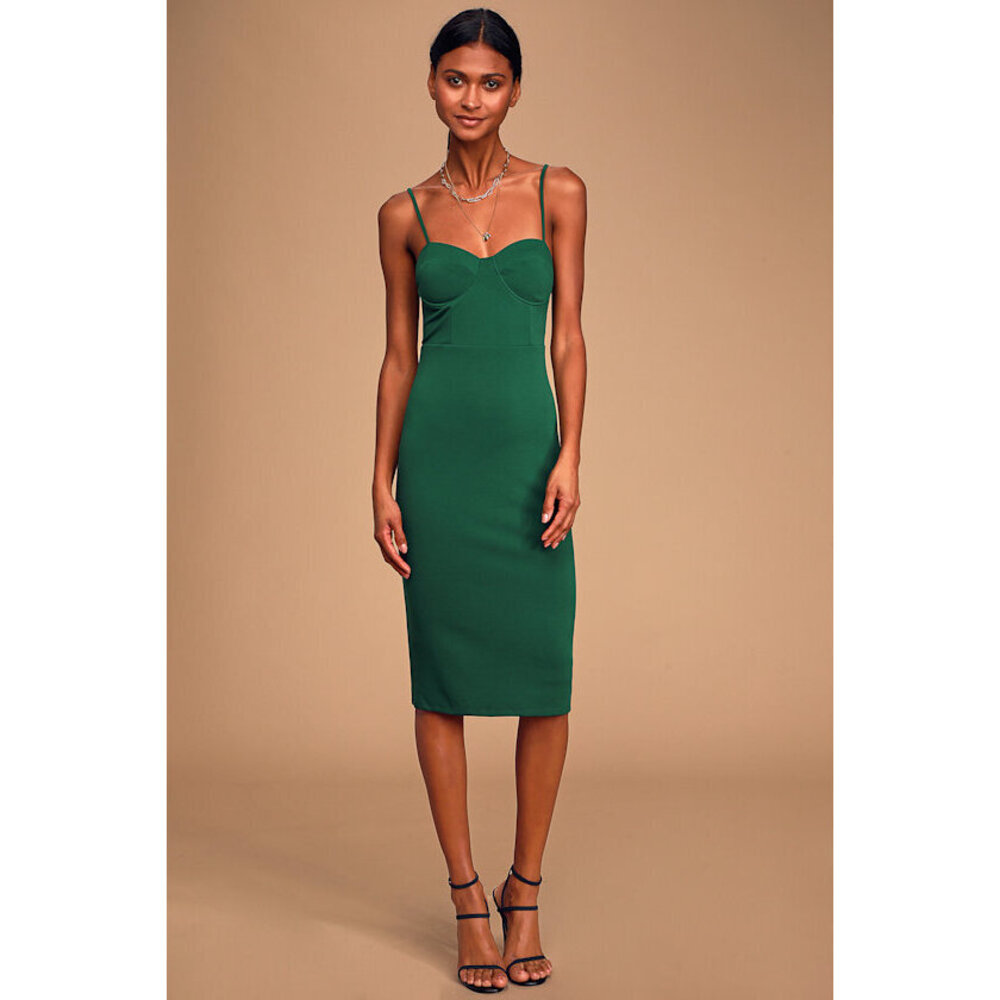 Lulus Charmed And Dangerous Dark Green Bustier Bodycon Midi Dress - Size M